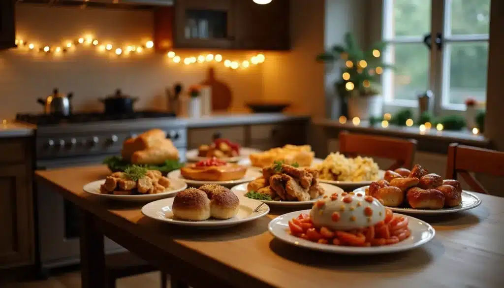 Table festive avec plats variés dans cuisine décorée.
