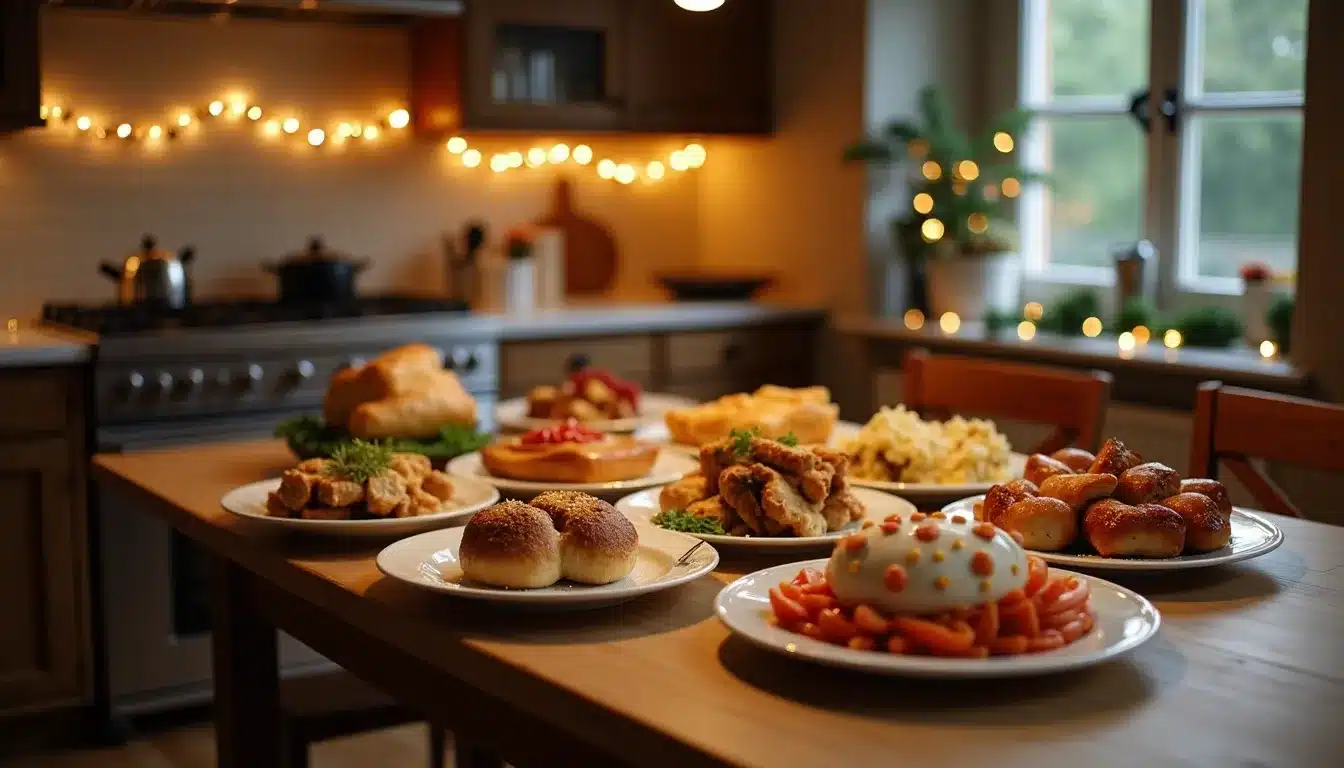 Table festive avec plats variés dans cuisine décorée.