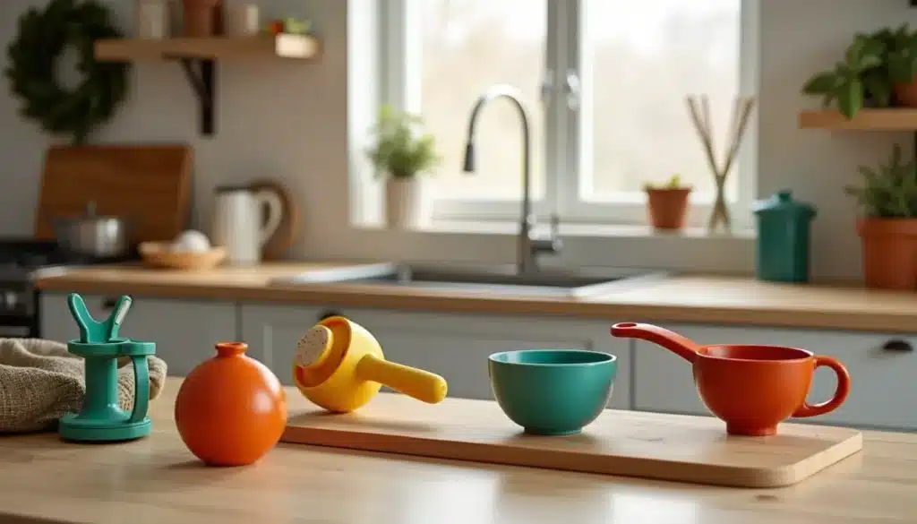 Ustensiles de cuisine colorés sur un plan de travail.