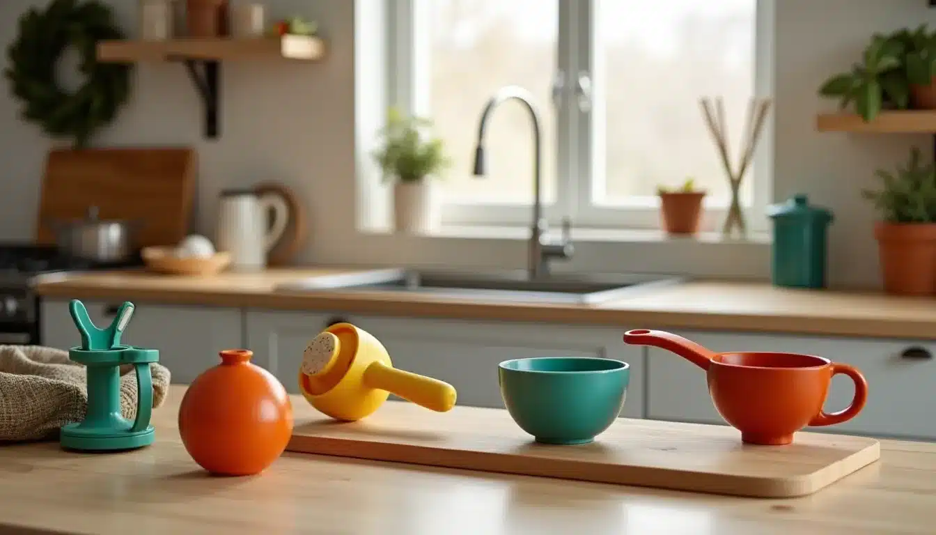 Ustensiles de cuisine colorés sur un plan de travail.