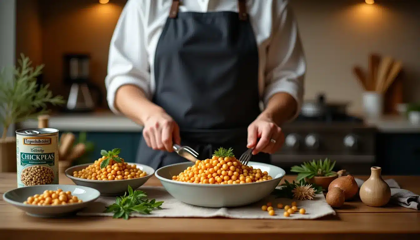 Préparation d'un plat de pois chiches cuisiné.