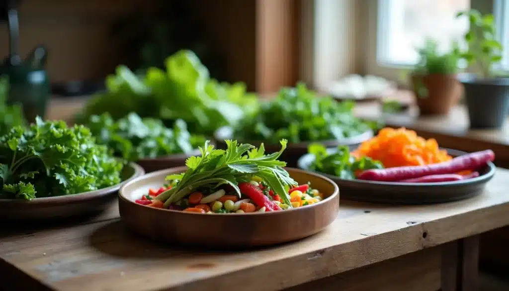 Salade de légumes frais sur une table en bois.