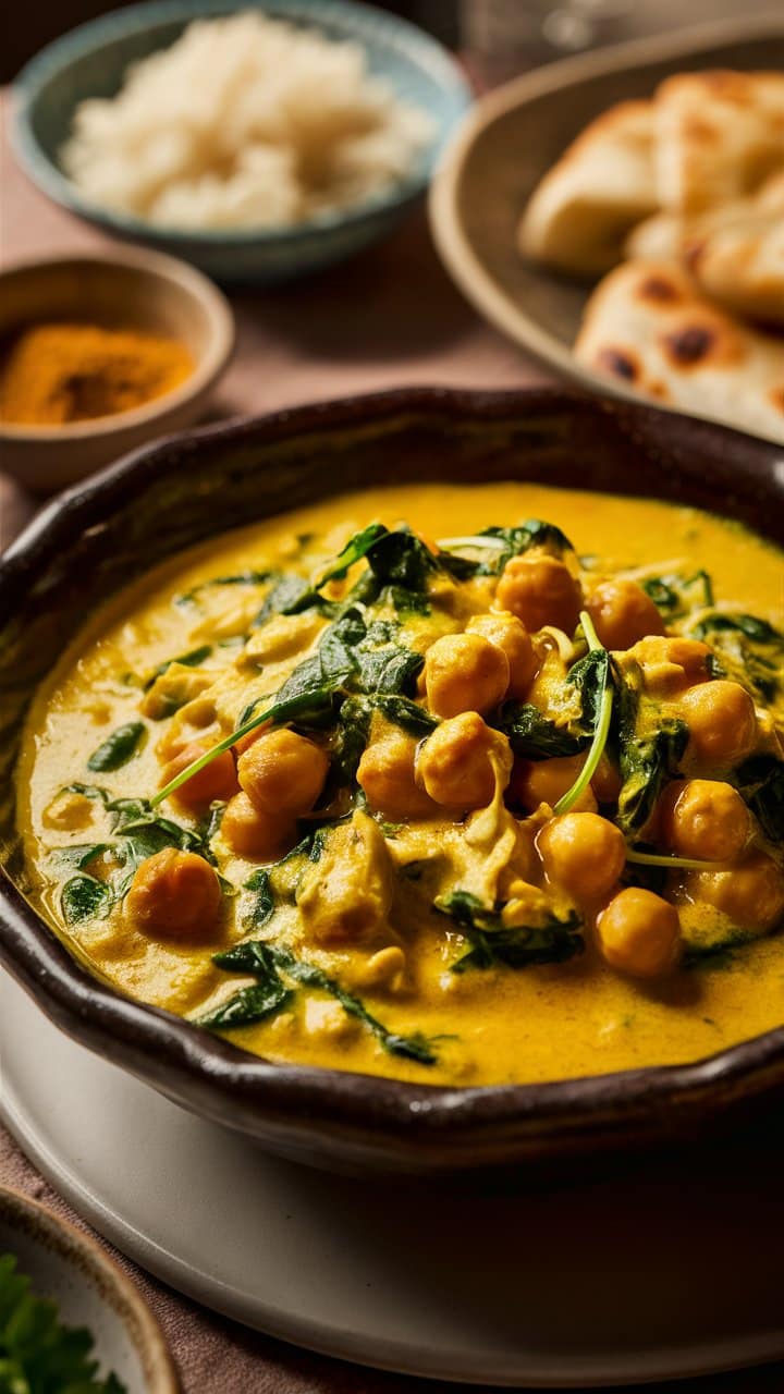 Curry de pois chiches crémeux avec épinards.