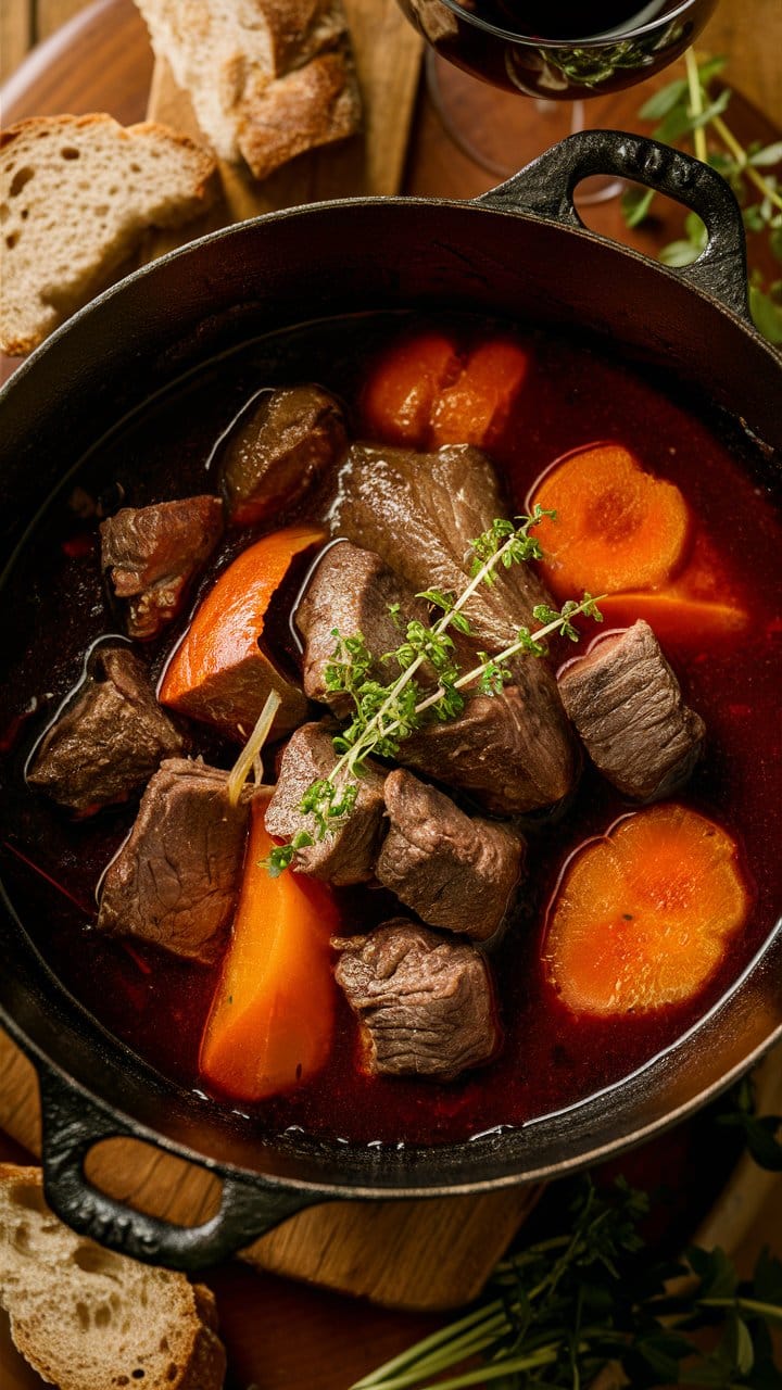 Boeuf bourguignon avec carottes et pain rustique.