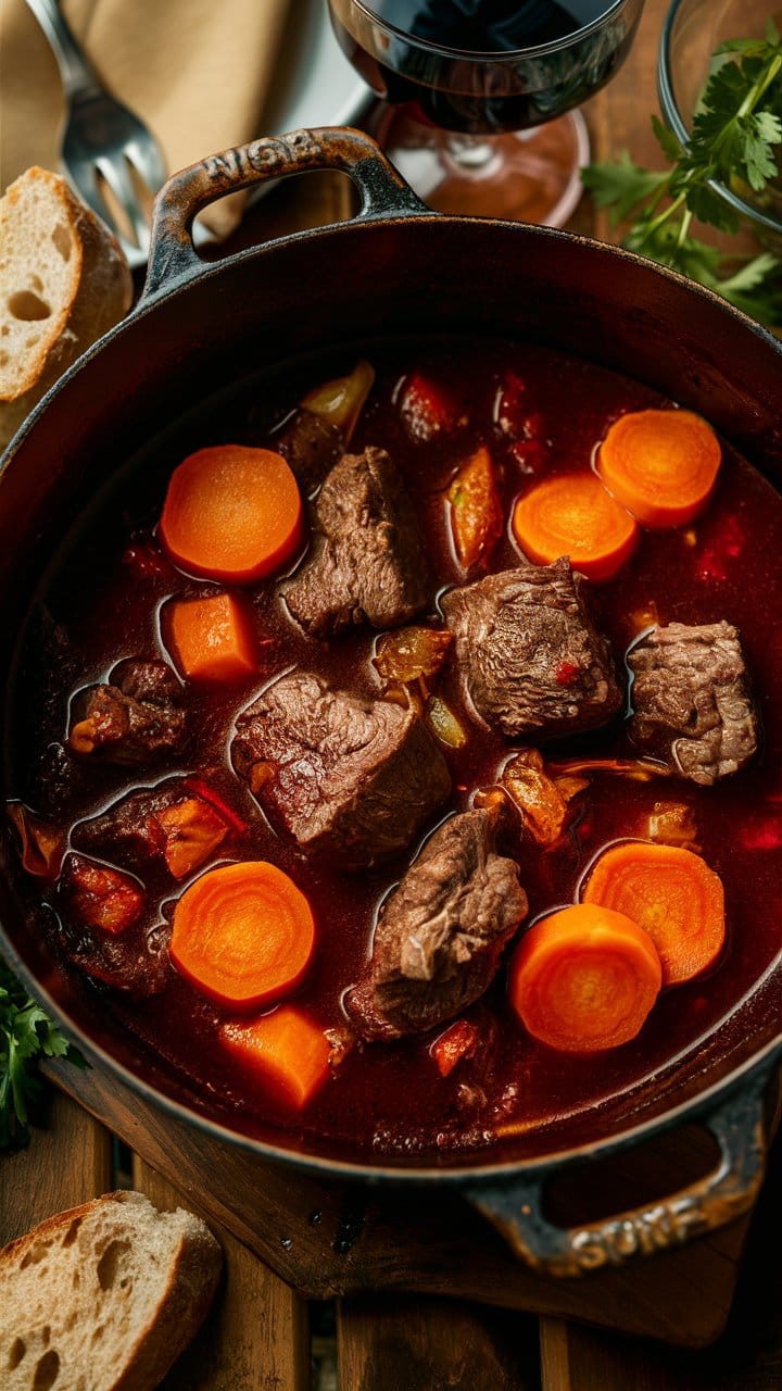 Bœuf bourguignon avec carottes en cocotte.