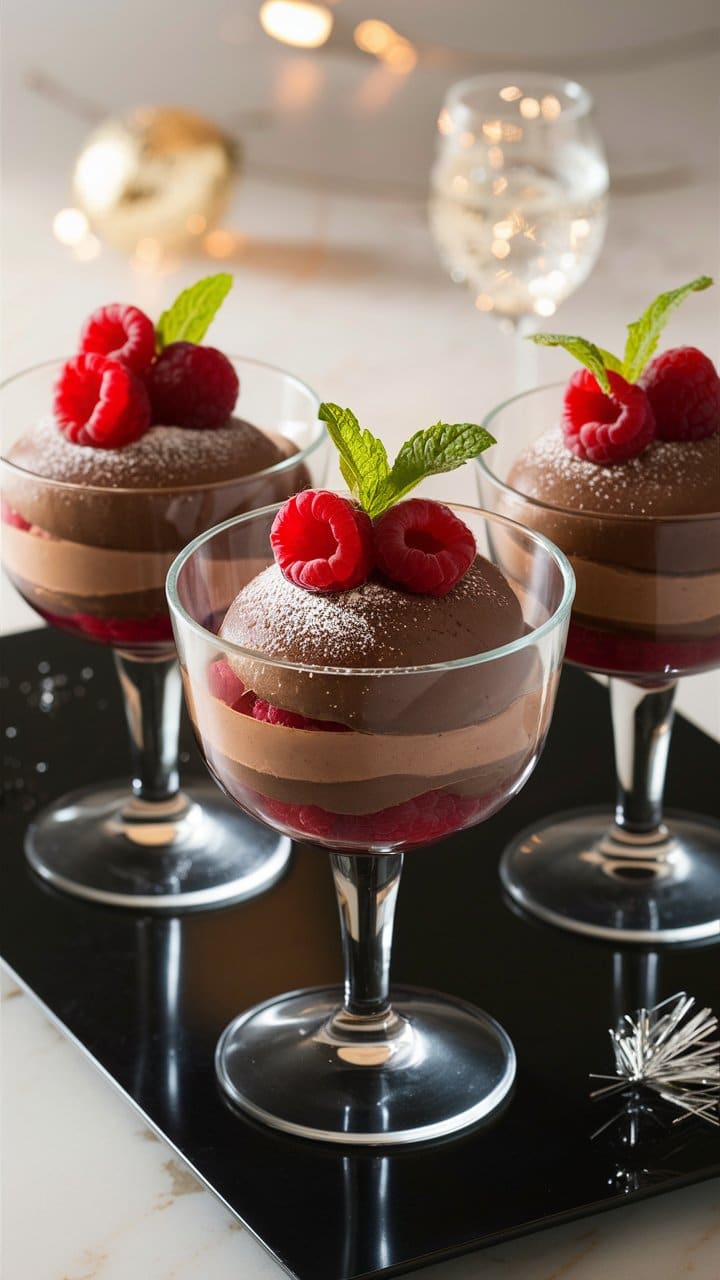 Mousse chocolat framboise, décorée de feuilles de menthe.