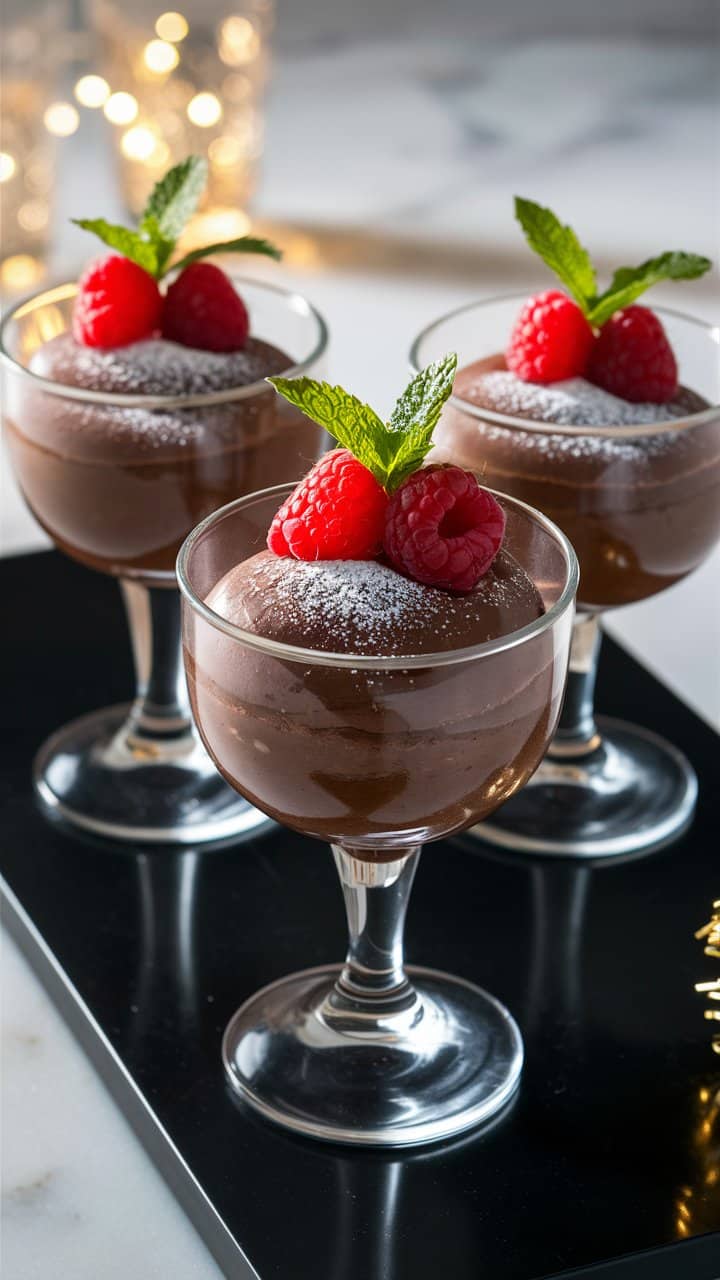 Mousse au chocolat avec framboises et menthe.