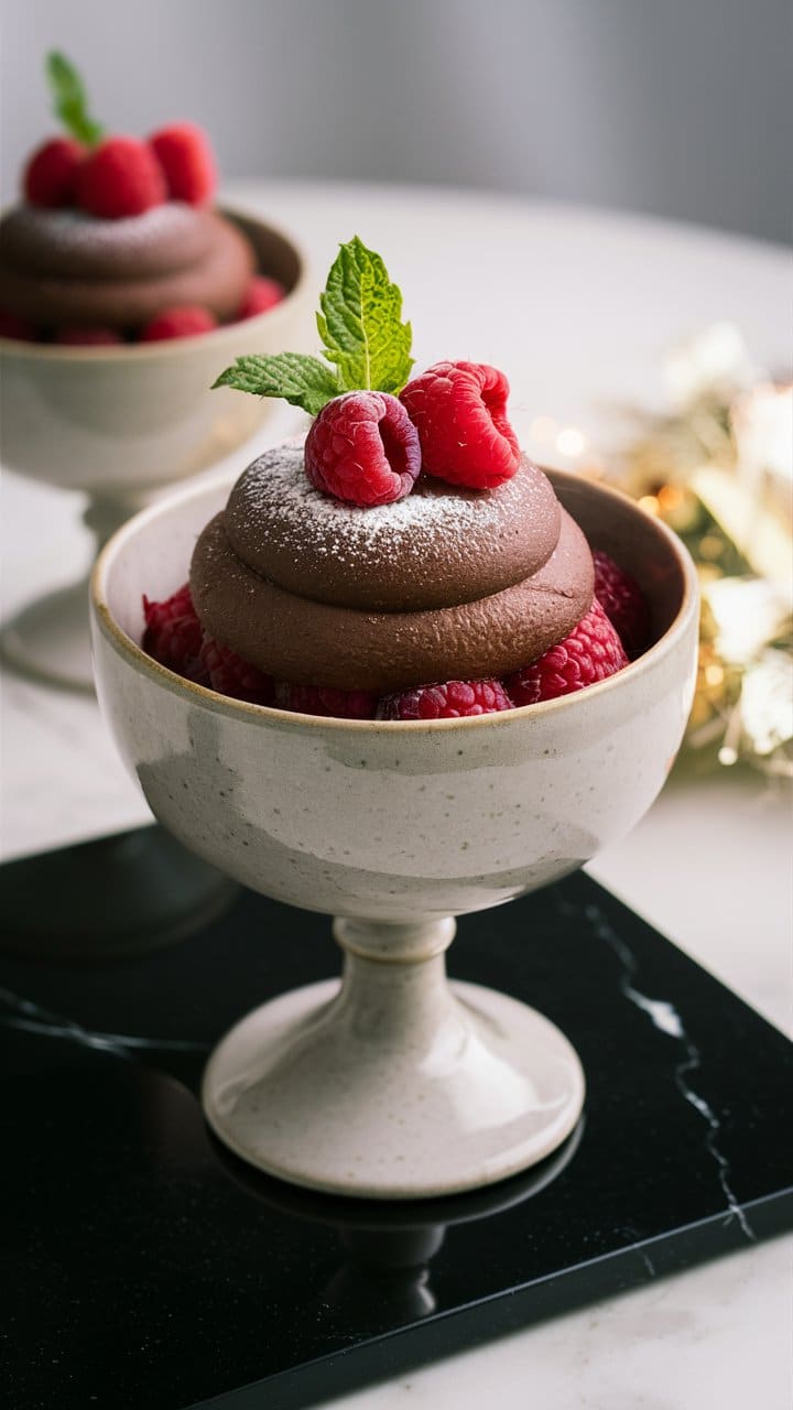 Mousse chocolat framboises avec feuille de menthe