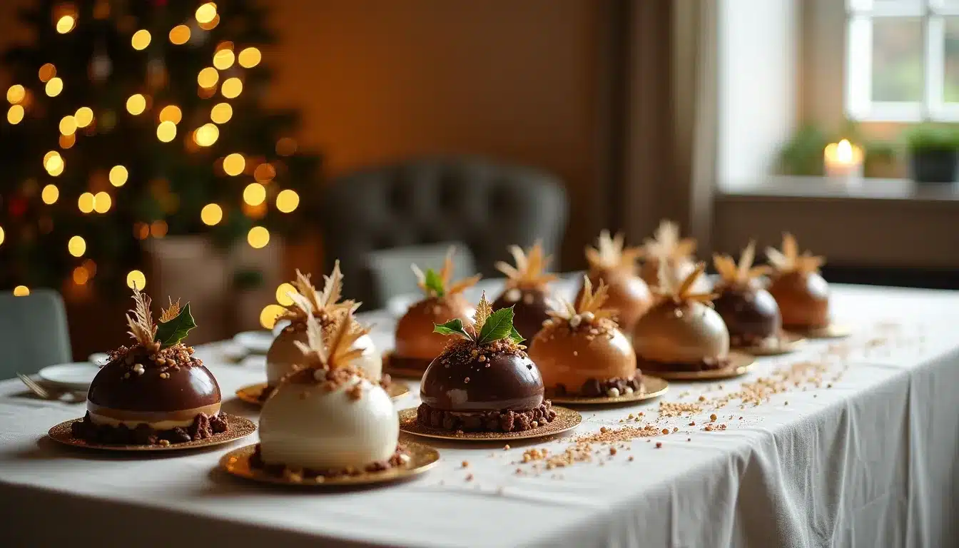 Gâteaux de Noël décorés, ambiance festive.