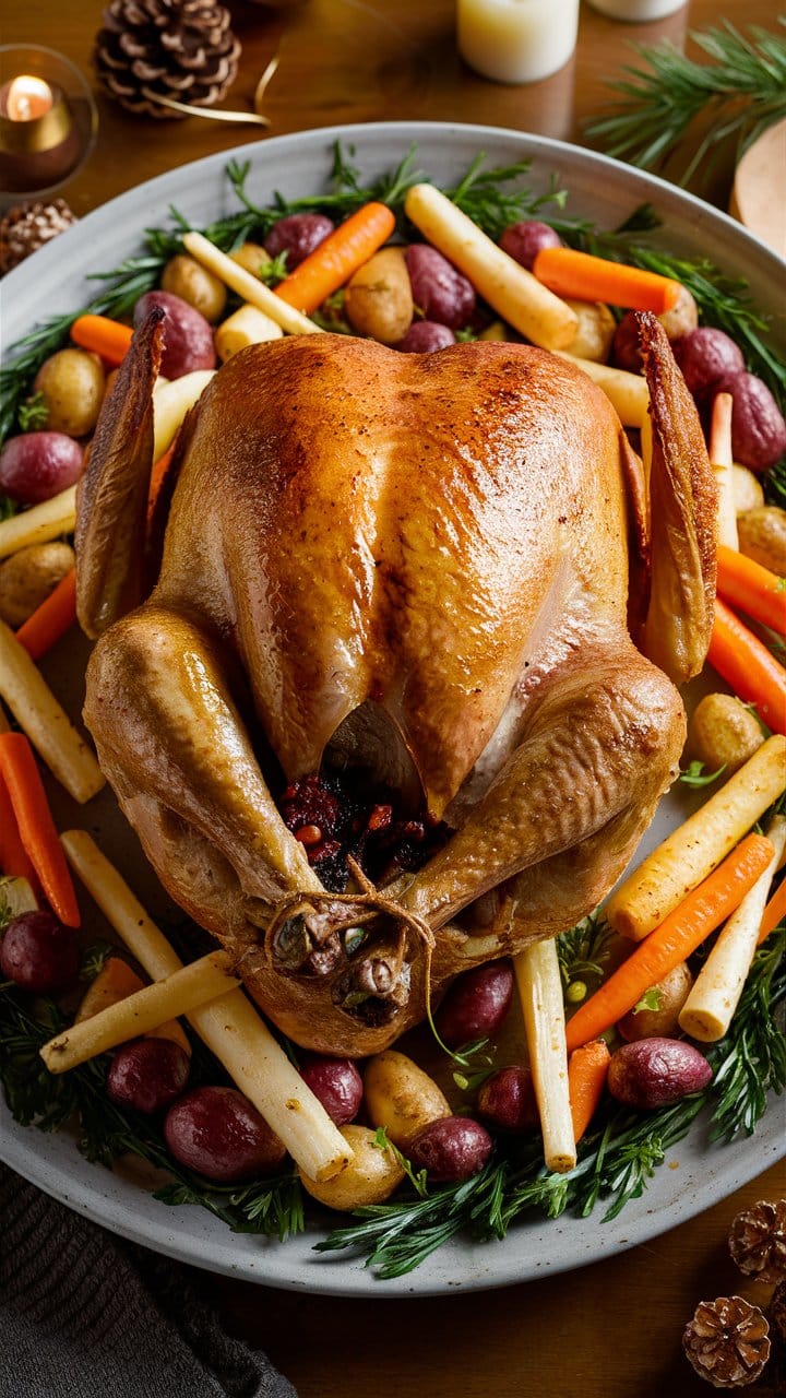 Dinde rôtie avec légumes, présentation festive et appétissante.