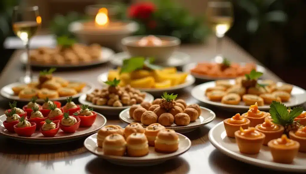 Buffet de bouchées apéritives et vin blanc.