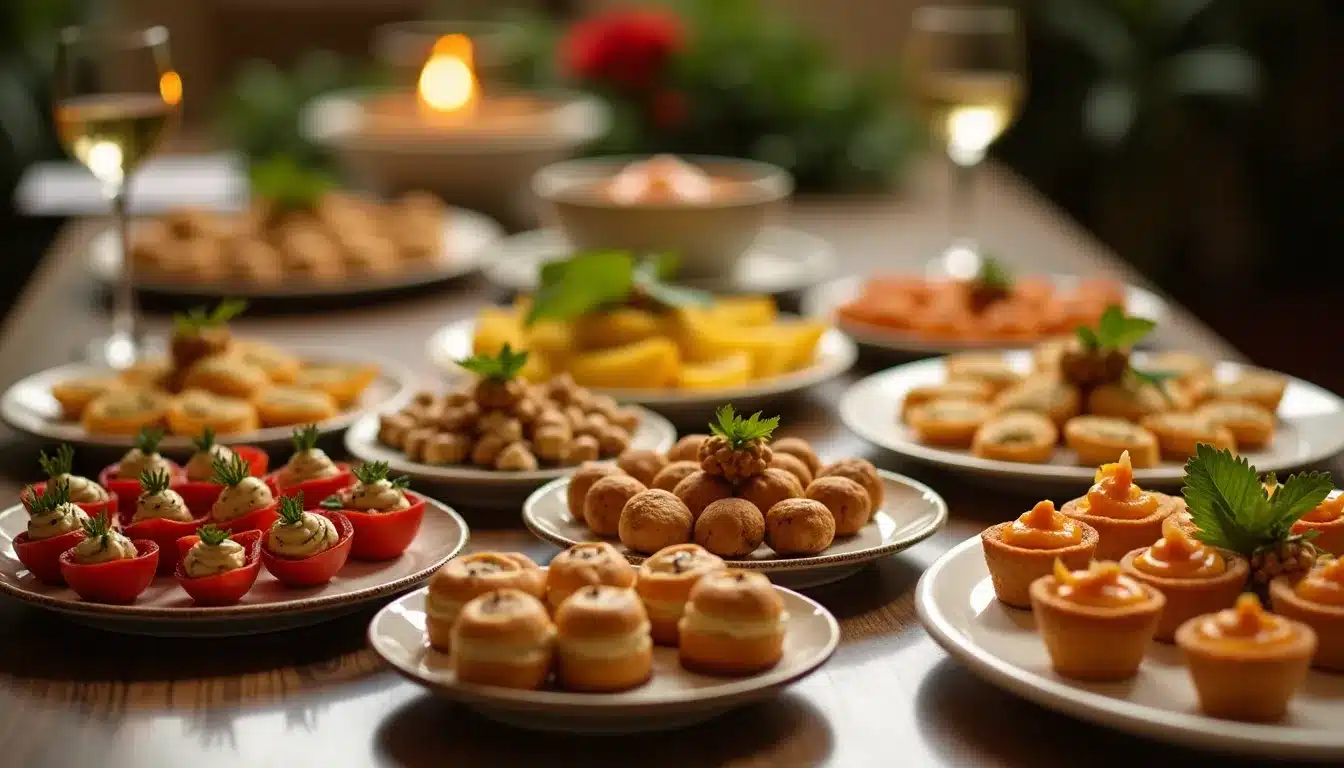Buffet de bouchées apéritives et vin blanc.