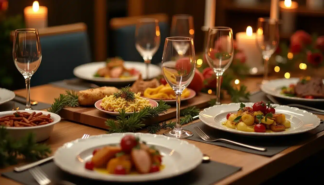 Table festive avec repas et décorations de Noël.