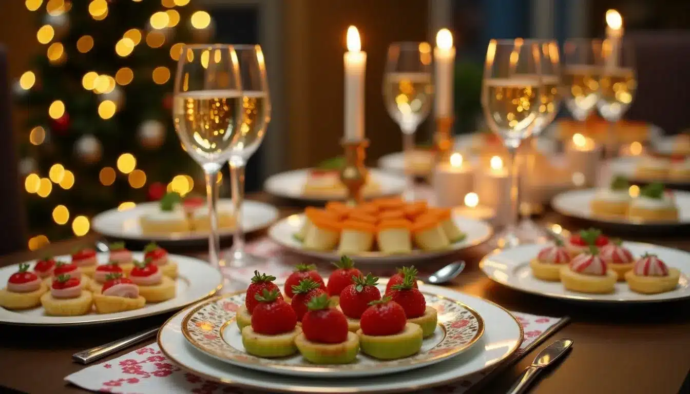 Dîner festif avec bougies et amuse-bouches gourmands