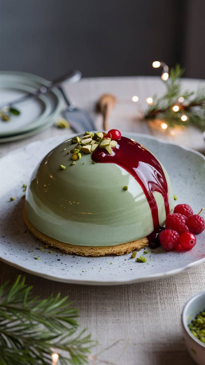 Gâteau pistache avec glaçage rouge et framboises.