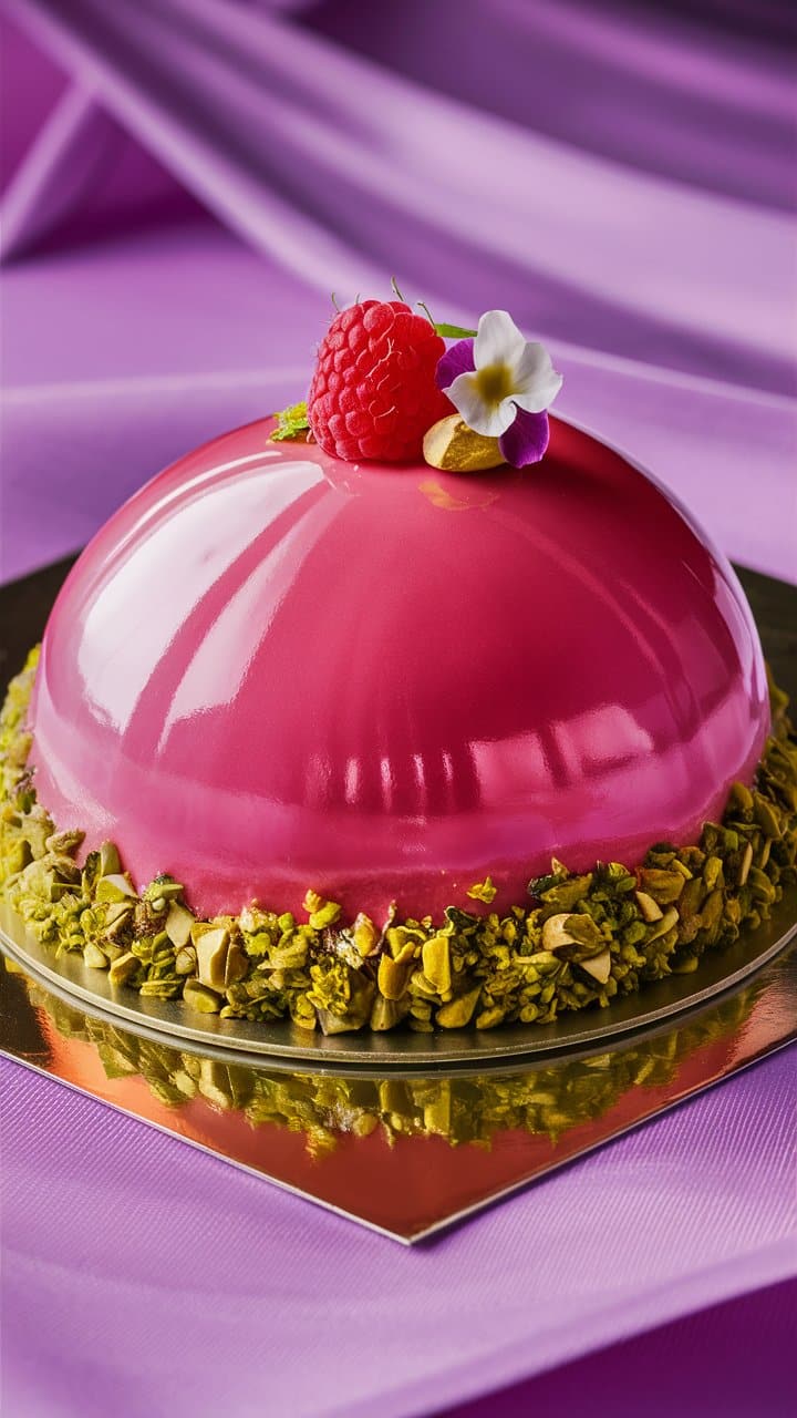 Gâteau rose glacé, framboise et pistaches.