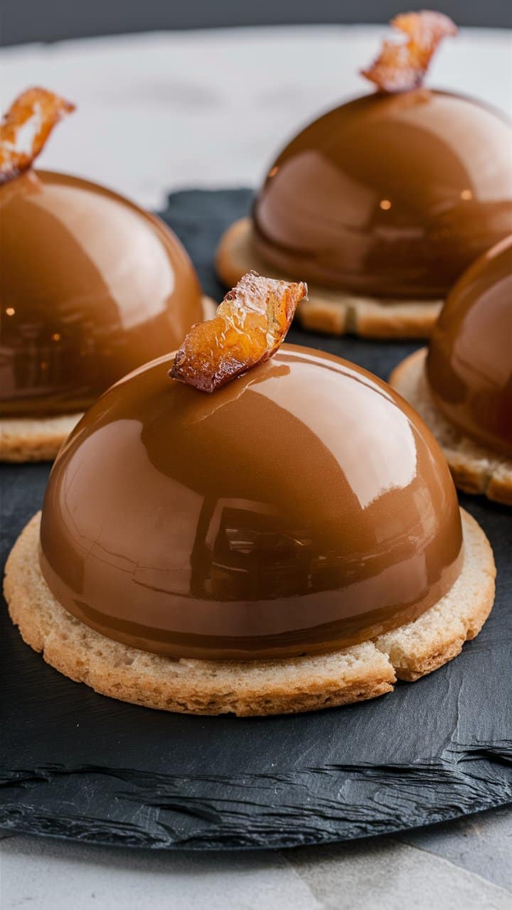 Desserts chocolatés sur base sablée avec garniture.