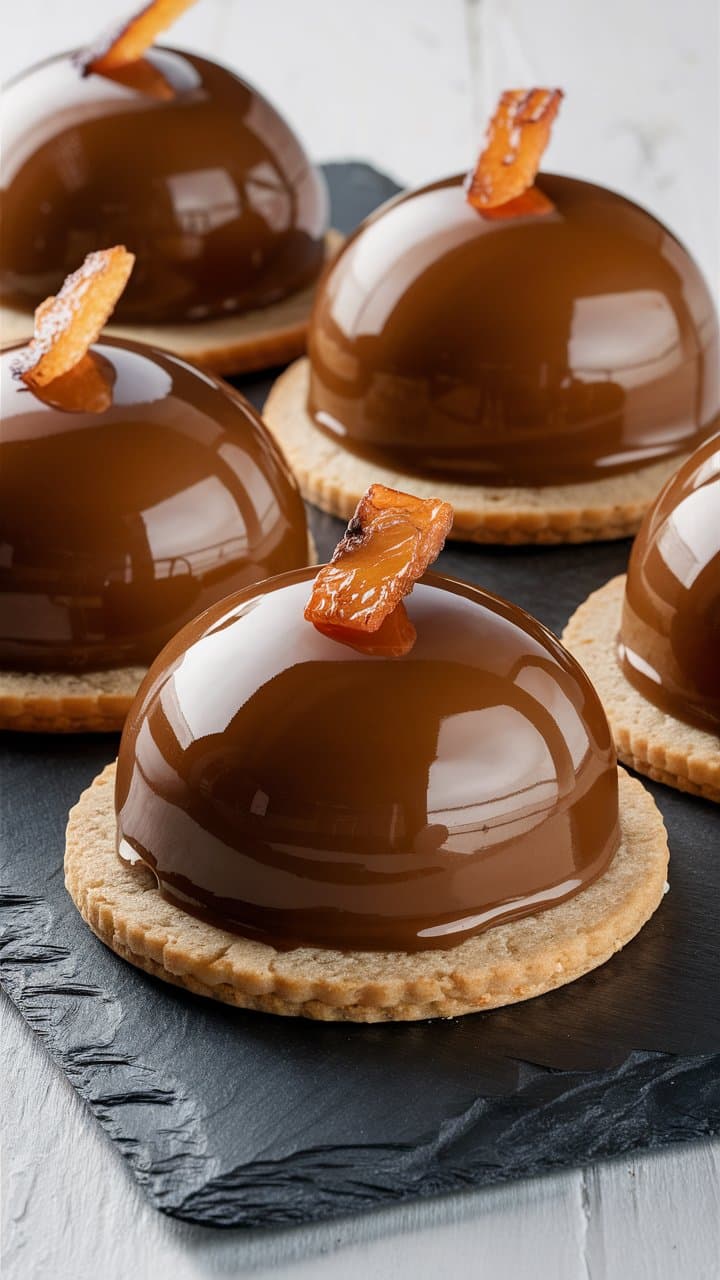 Desserts chocolatés avec garniture croquante sur biscuits.