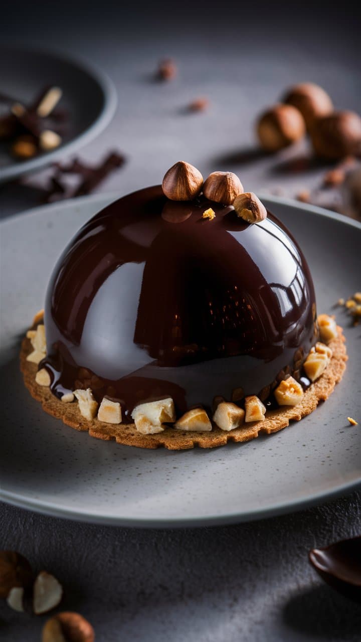 Gâteau au chocolat et noisettes sur assiette grise.