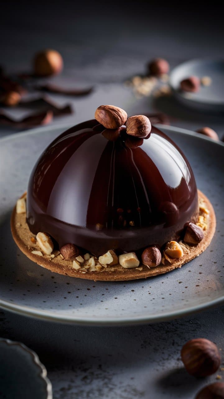 Dessert chocolat noisettes sur assiette grise