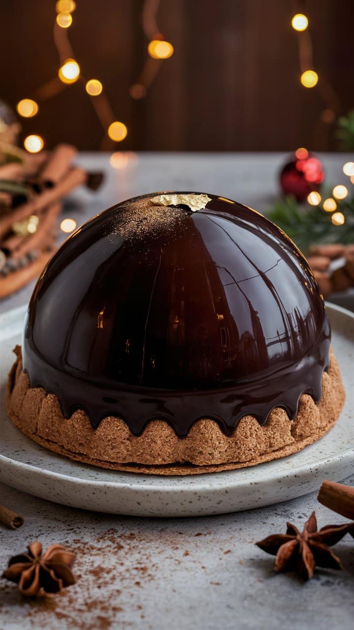 Gâteau chocolat sphérique avec décoration dorée
