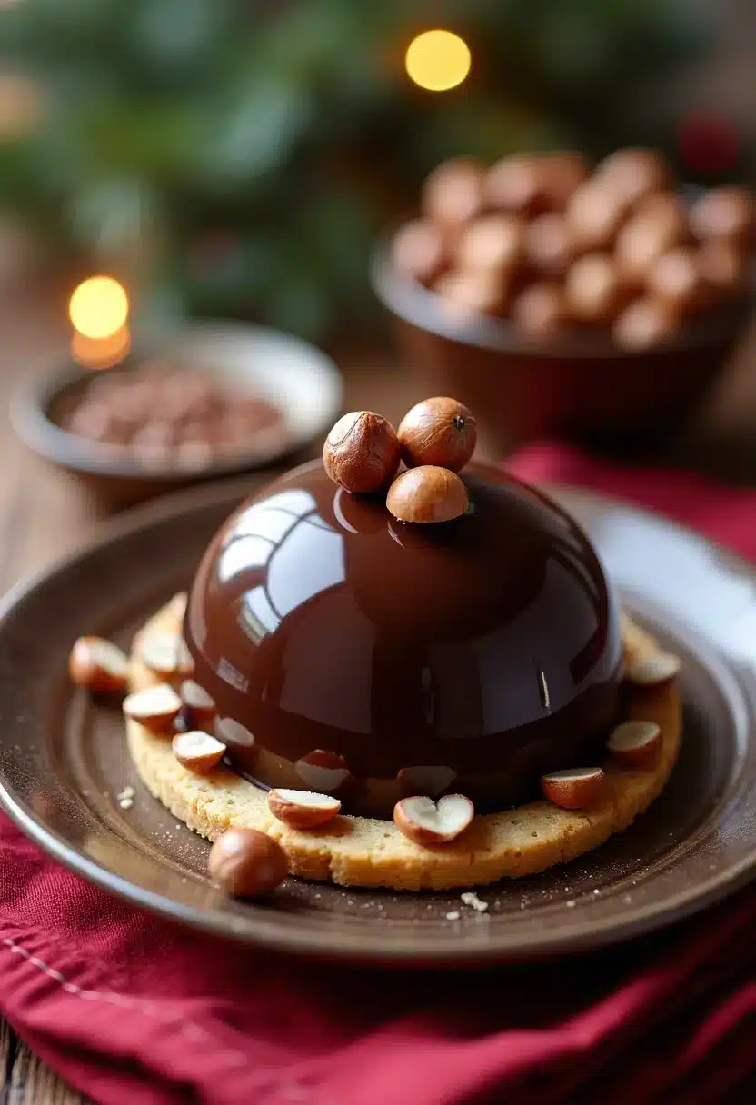 Dessert chocolat noisettes sur assiette marron.