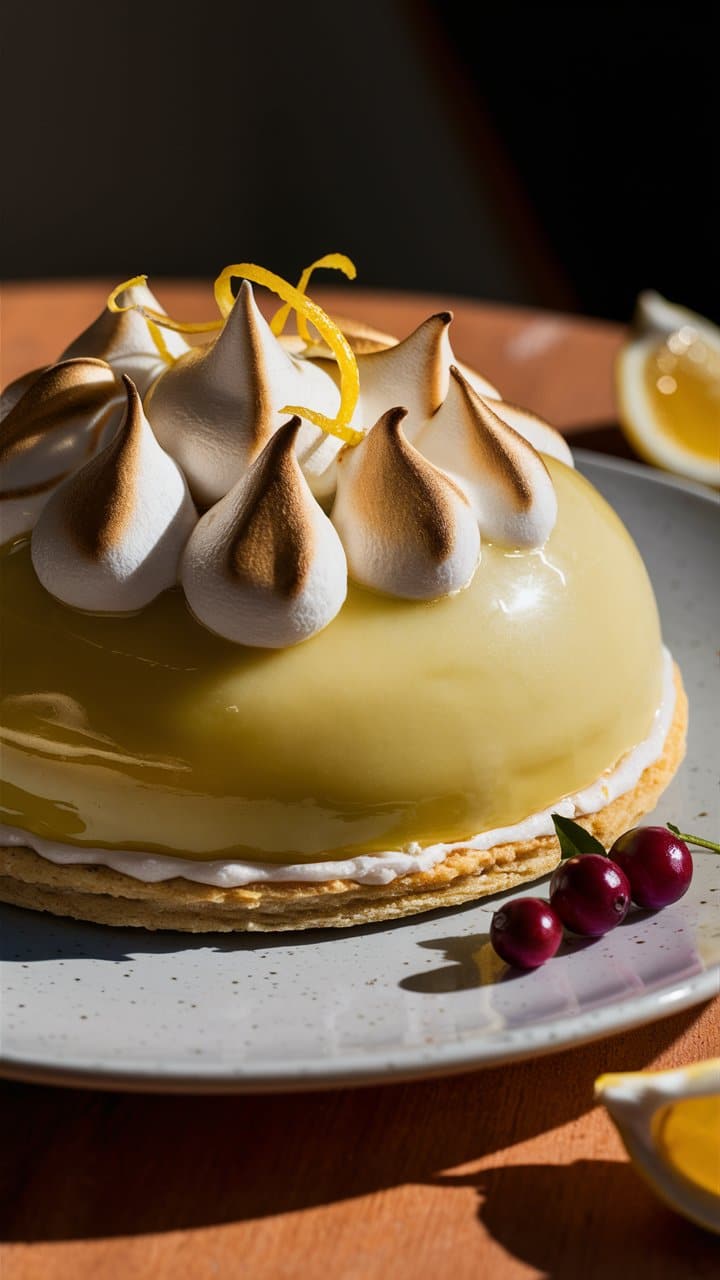 Tarte citron meringuée décorée de zestes.
