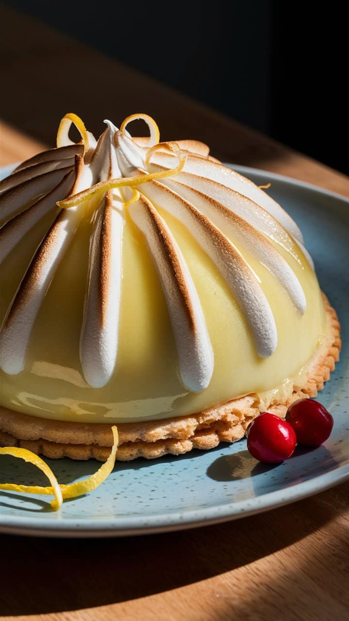 Tarte citron meringuée avec zestes et baies rouges.