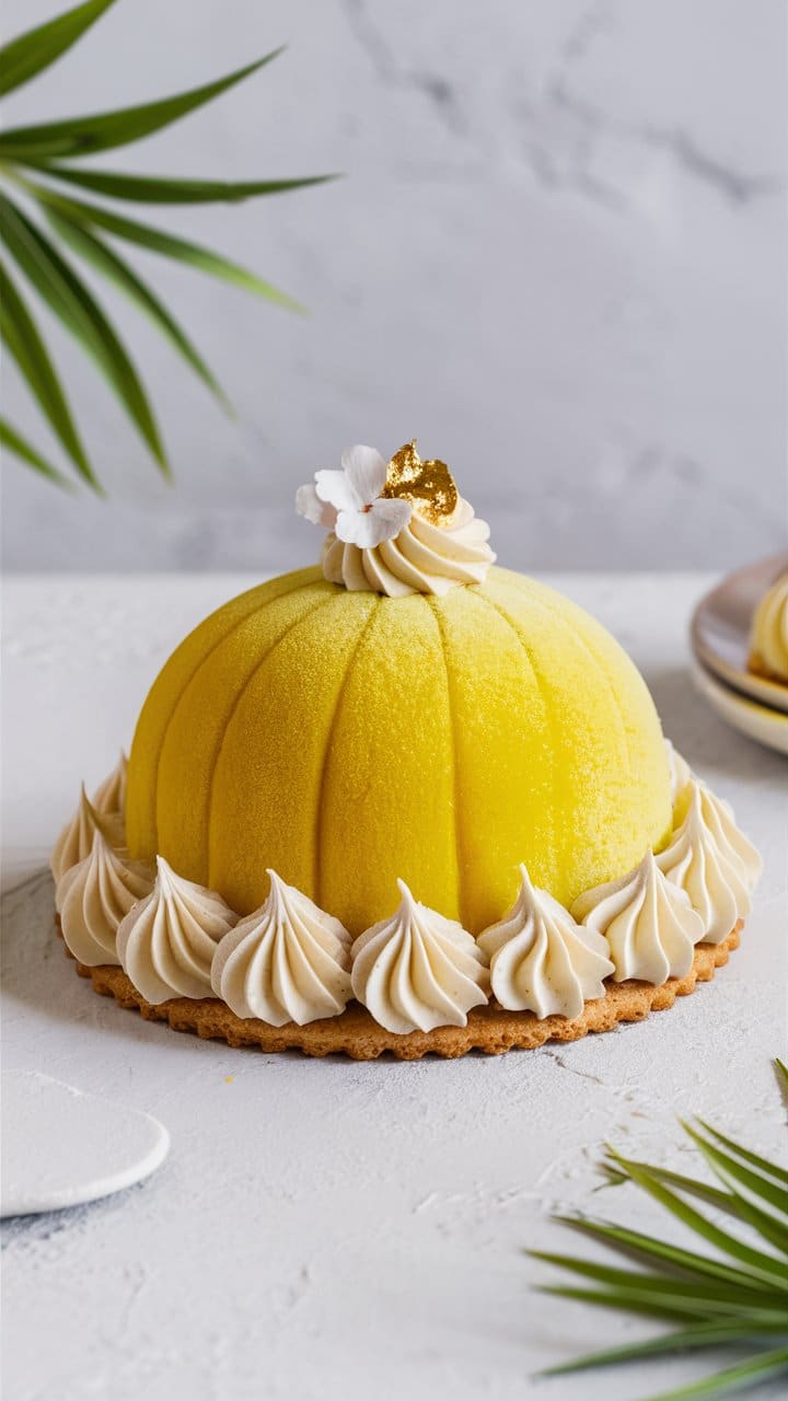 Gâteau mousse citron décoré chantilly et or.