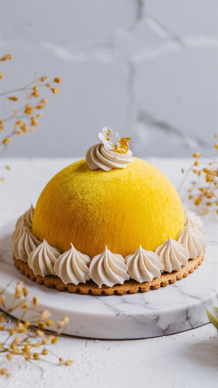 Gâteau jaune décoré de crème, sur assiette en marbre.