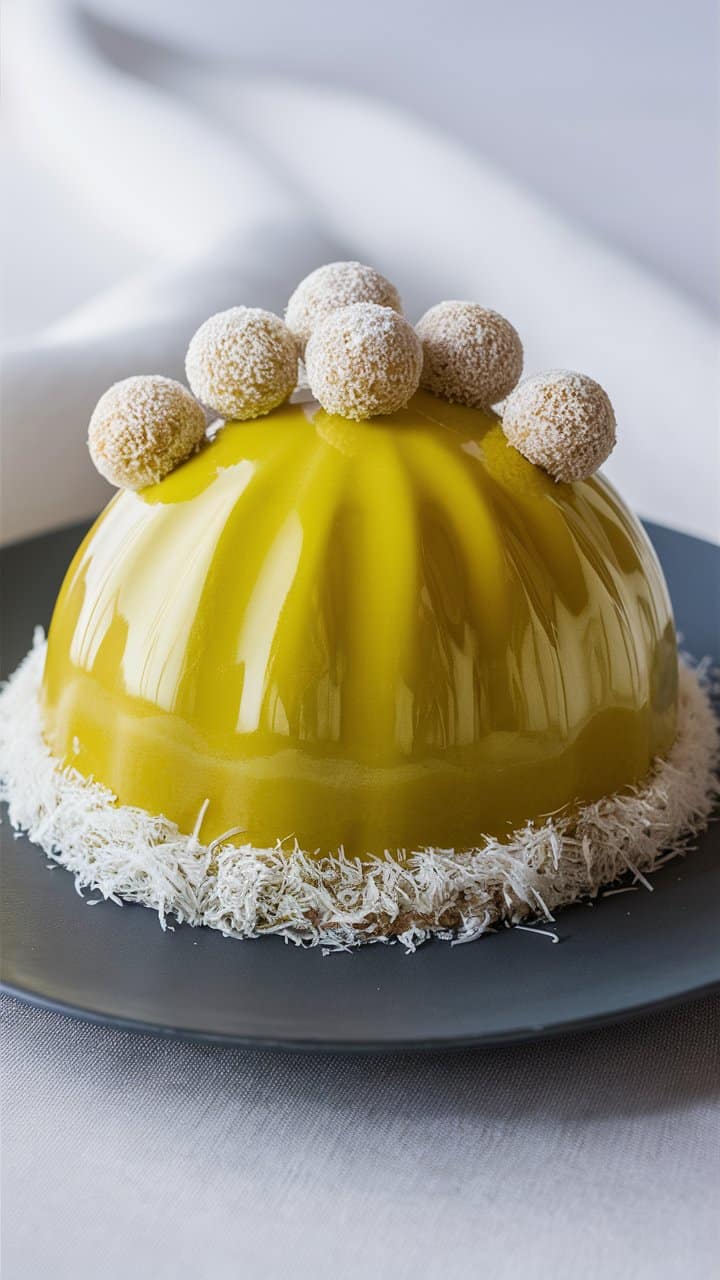 Gâteau glacé jaune avec copeaux de noix de coco.