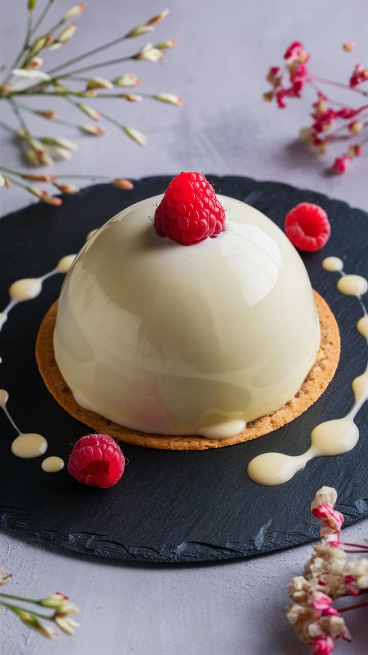 Dessert mousse ronde avec framboise sur assiette noire.