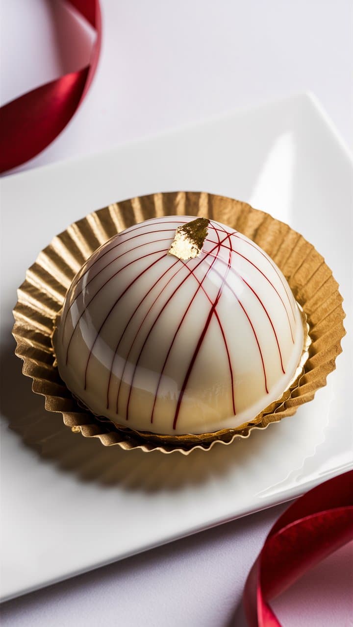 Dôme pâtissier glacé avec décor doré et lignes rouges.