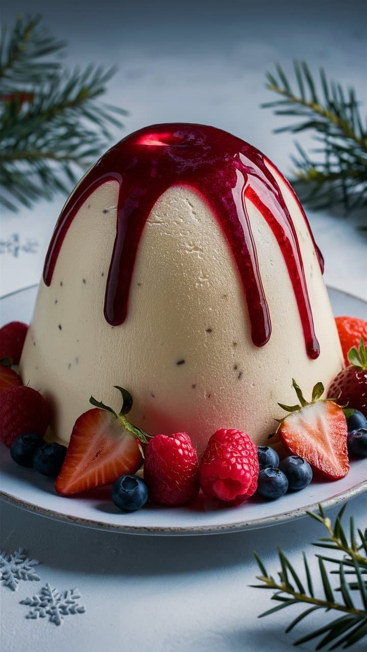 Bavarois vanille, coulis fruits rouges, décoré de fruits.