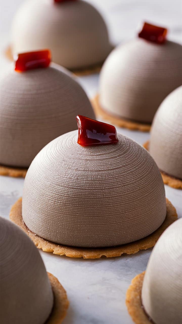 Dômes de chocolat avec glaçage rouge décoratif.