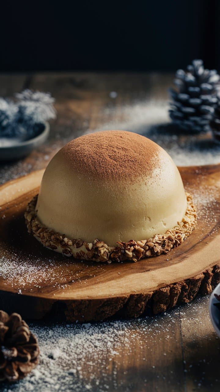 Gâteau glacé sur plateau en bois, décor hivernal.