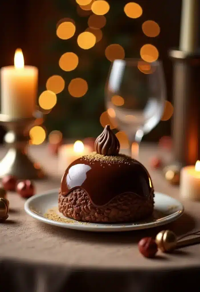 Dessert au chocolat sur table de Noël éclairée.