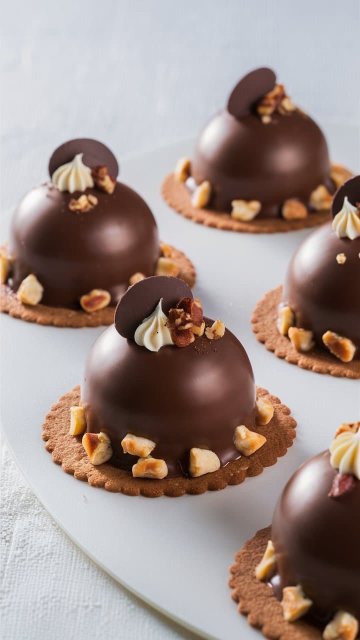 Desserts chocolat sur sablés, noix croquantes.