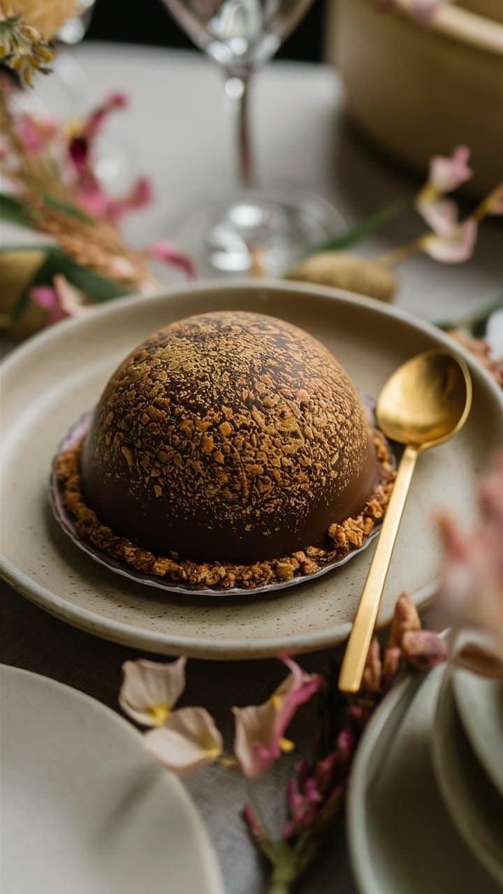 Dessert chocolaté sur assiette avec cuillère dorée.