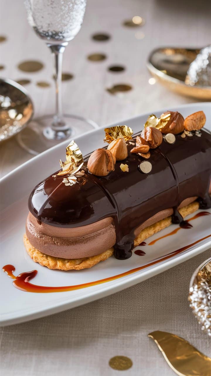 Bûche chocolatée luxueuse avec noisettes et feuilles d'or.