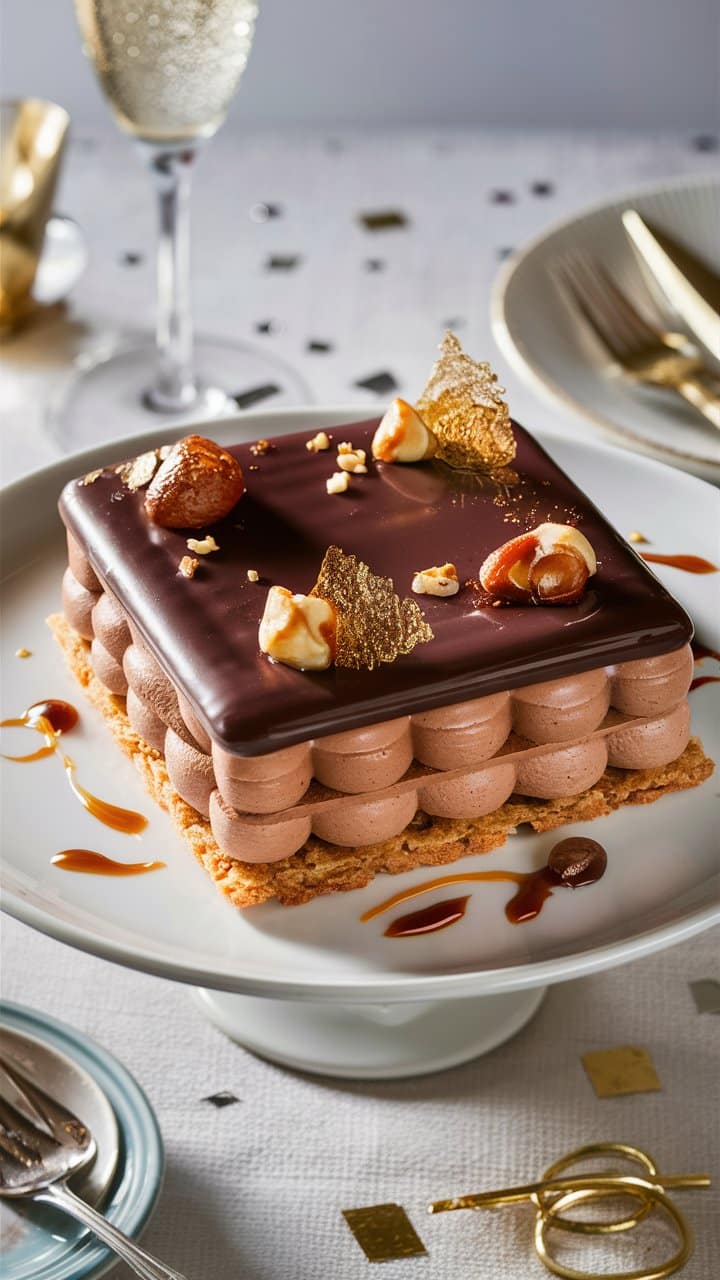 Dessert chocolaté élégant avec des noisettes.
