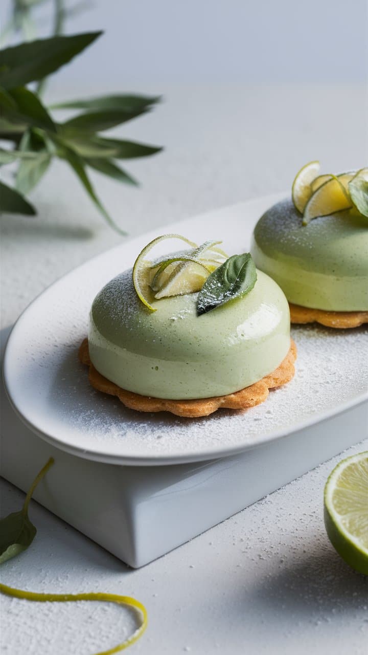 Desserts citron vert sur assiette blanche, décorés feuilles menthe.
