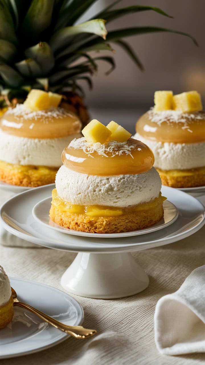 Dessert exotique à l'ananas sur assiette blanche.