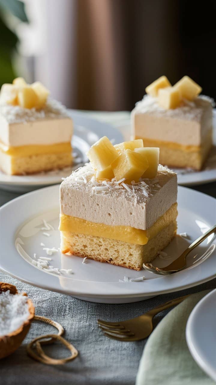 Gâteau à l'ananas et crème sur assiette blanche.