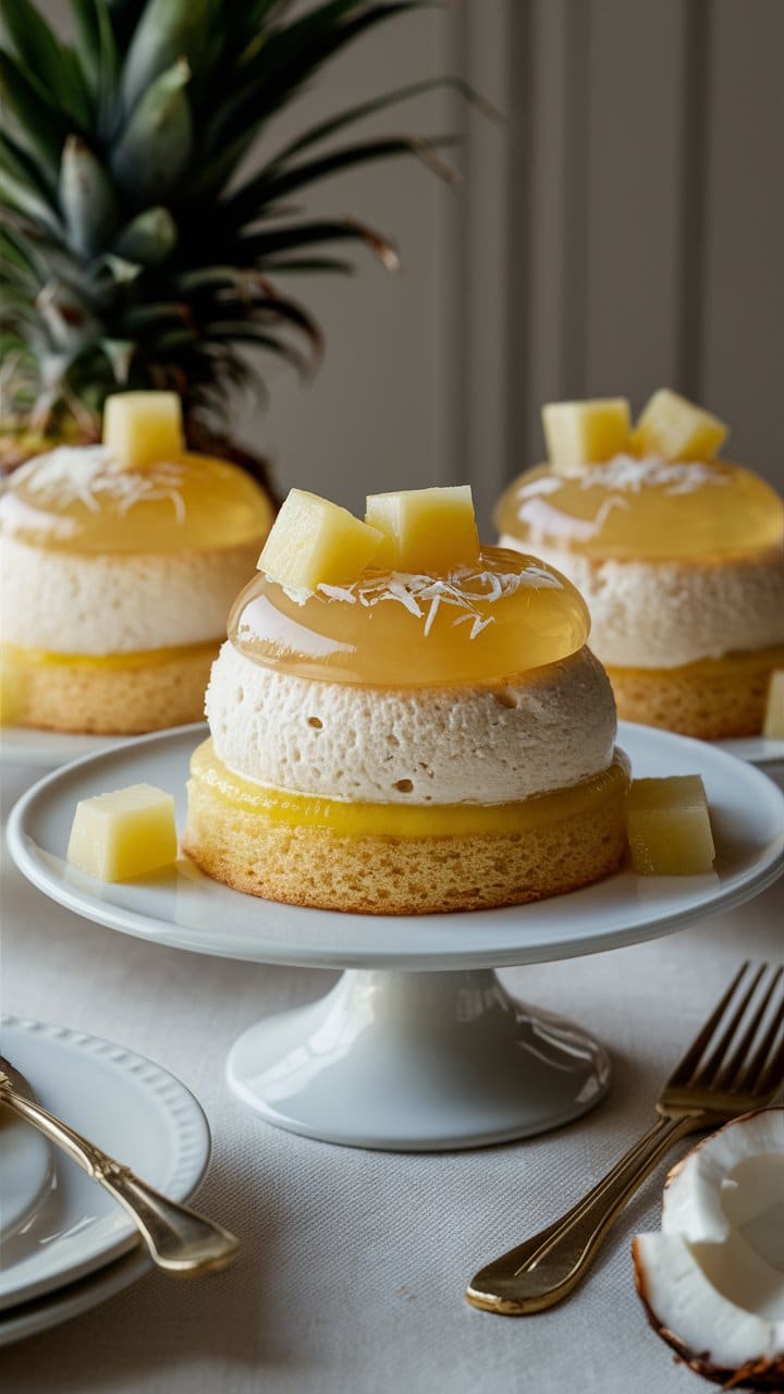 Gâteaux à l'ananas et noix de coco sur assiette blanche.