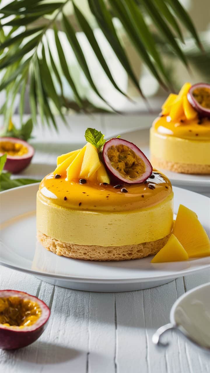 Gâteau exotique mangue-passion sur assiette blanche.