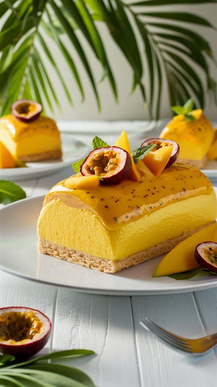 Gâteau mousse mangue passion sur assiette blanche.