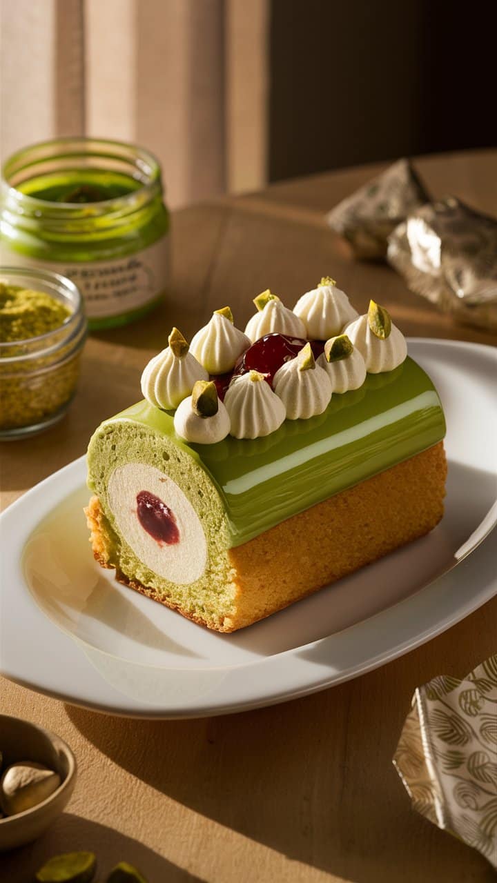 Bûche pistache et framboise sur table ensoleillée.