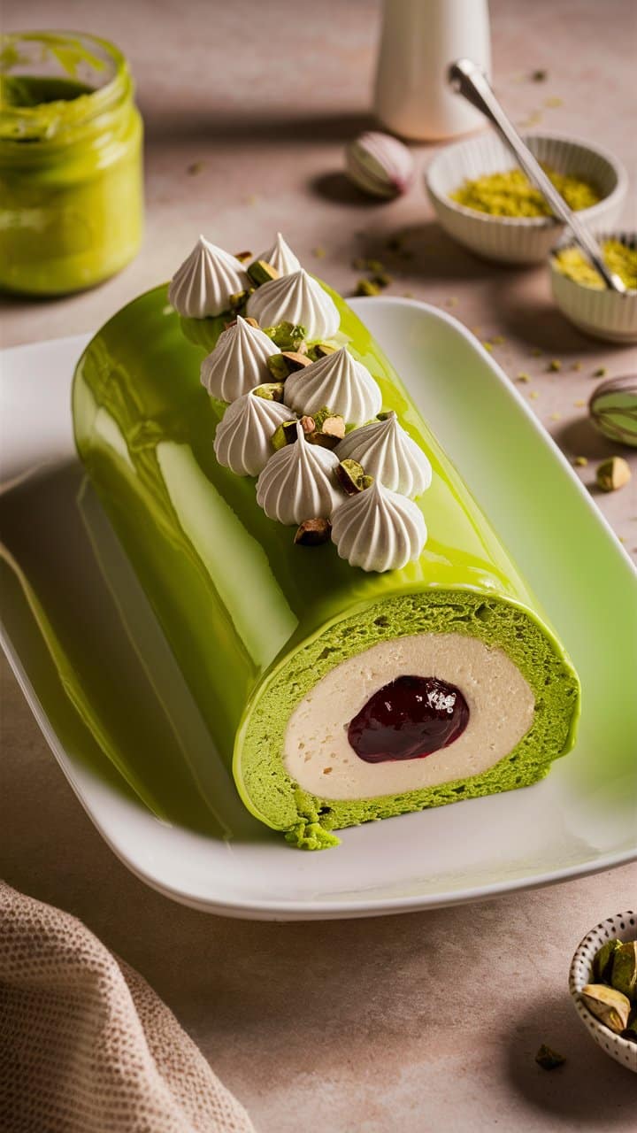 Gâteau roulé vert avec garniture aux fruits rouges.