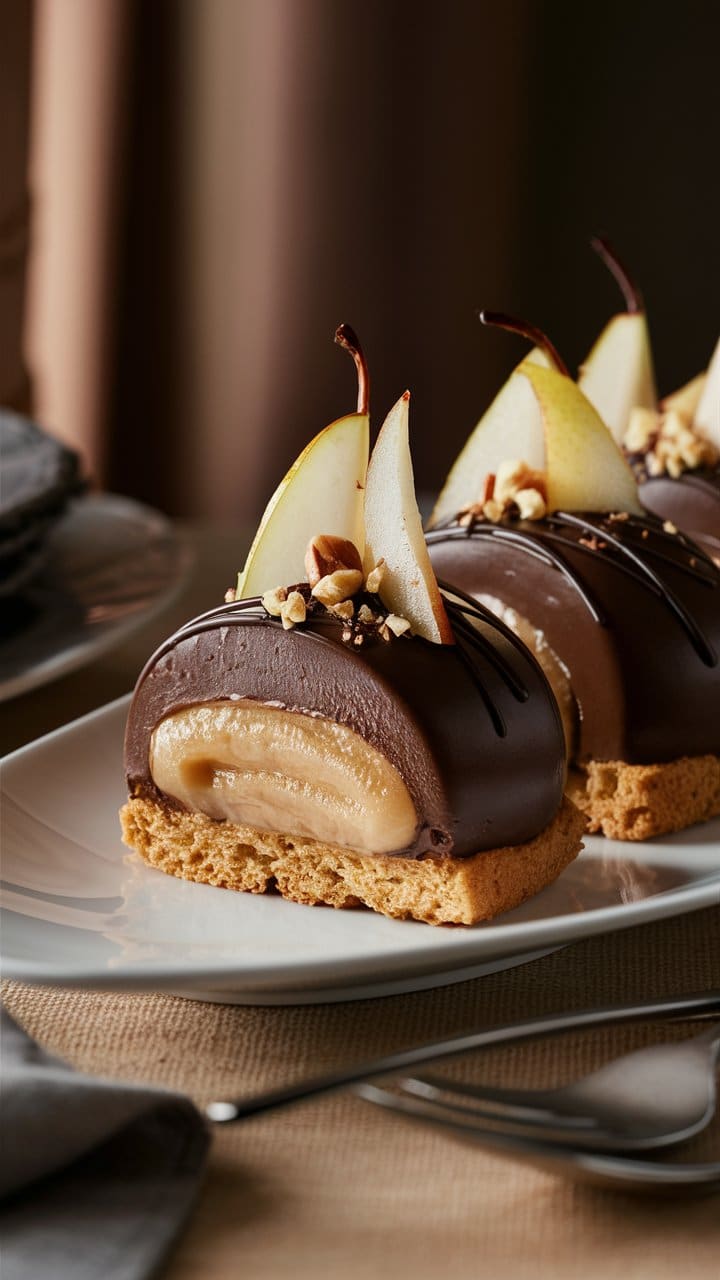 Dessert poire chocolat sur assiette blanche.